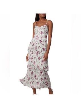 Monique Lhuillier Women's Green Floral Tiered Pleat Midi Dress Sz 6